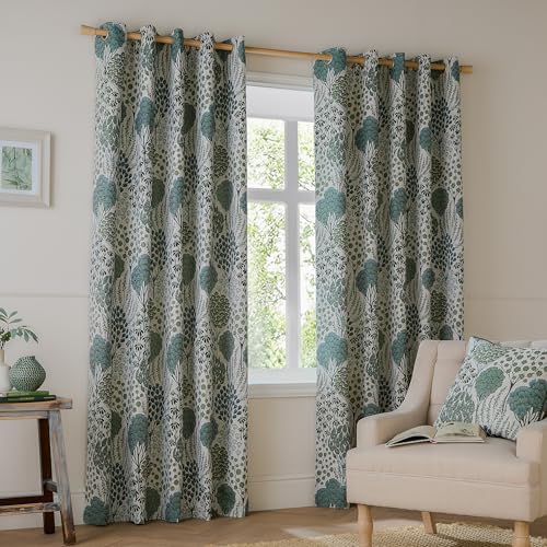 furn. Wylder Ophelia Room Darkening Eyelet Curtain Pair – Bold Botanical Floral Jacquard Drapes (Thyme/Mineral - L 137 x W 229cm - 2 Panels)
