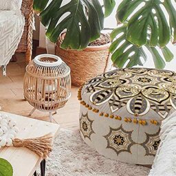Orange Round Velvet Pouf Cover - Soft Embroidered Ottoman Slipcover with Moroccan Design, 24 Inch Diameter, Ideal for Living Room, Bedroom, or Meditation Space - Decorative Floow Pillow Cushion