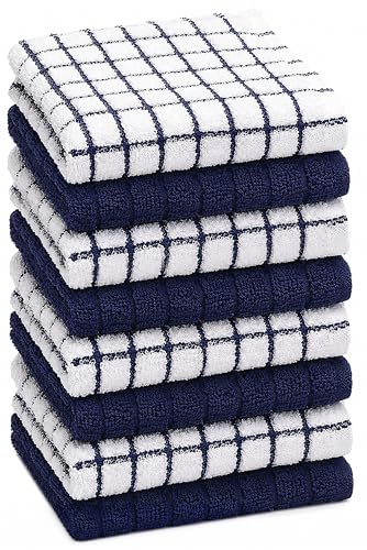 "Bumble Premium Cotton Dish Cloths (12"" x 12"") Navy Check Design - Highly Absorbent, Natural Ring Spun Cotton - Kitchen Dish Towel Set - 380 GSM - 8 Pack"