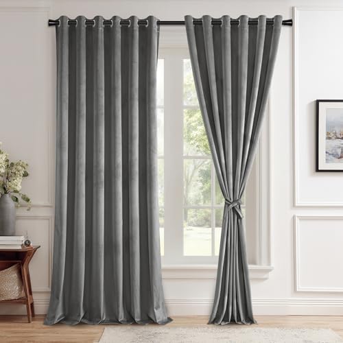 JIUZHEN Grey Velvet Curtains 108 inches for Living Room - Thermal Insualted Room Darkening Grommet Thick Velvet Window Drapes for Bedroom/Dining Room, Set of 2 with Tiebacks, W70 x L108
