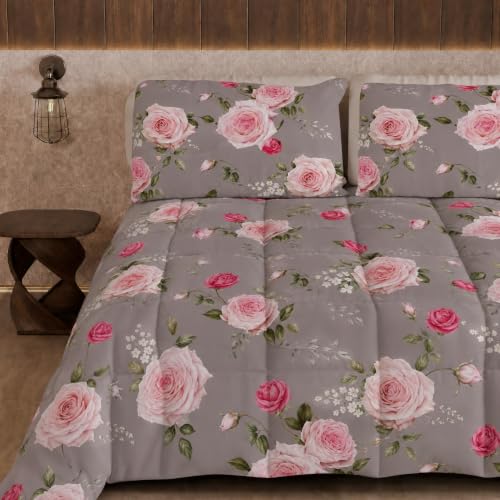 PETTI Artigiani Italiani Printed Winter Duvet 220 ?? 260 cm - Floral 20 Mushroom, reversible microfibre quilt, 300 g/m??, Made in Italy