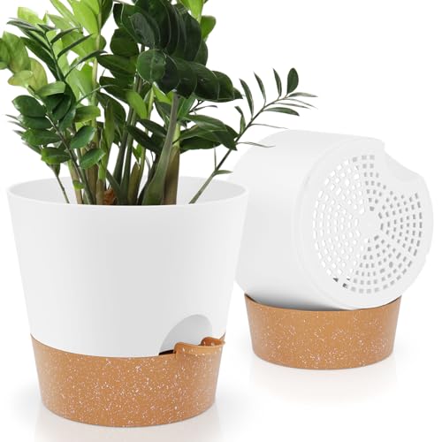 YNNICO 10 Inch Set of 2 Plant Pots Indoor Self Watering Planters with Drainage Holes and Saucers.(White)
