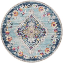 Livabliss Romy Palma Vintage - Area s Living Room 200 cm, Dining Floor, Kitchen, Traditional Multicoloured Boho, Easy Care Pile, Bohemian Round, Blue, Fuchsia, Mustard