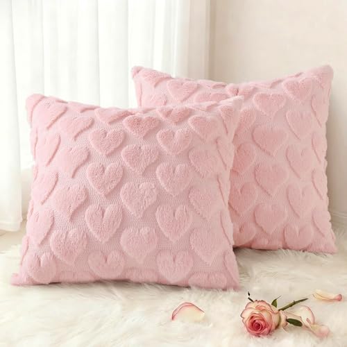 decorUhome Pink Heart Cute Girl Faux Fur Throw Pillow Covers 18x18 Set of 2 - Pillow Covers Coquette Aesthetic Plush Wool Modern Farmhouse Decorative Pillowcase for Preppy Bedroom Couch Sofa Decor