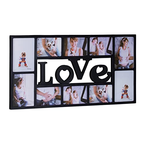 Relaxdays Picture Frame LOVE, Photo Frame for 10 Pictures, Plastic, HxWxD: 36.5 x 72 x 2 cm, Black