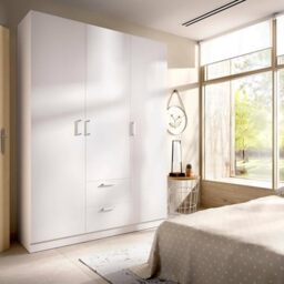 DMORA - Wardrobe Argentella, Coat rack for bedroom, Wardrobe with 3 hinged doors and 2 drawers, 150x52h215 cm, White