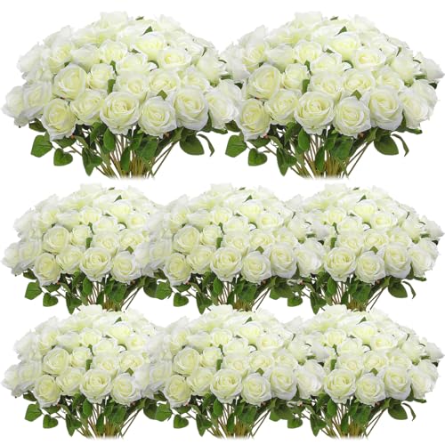 Hotop 80 Pcs Rose Artificial Flowers Bulk with Long Stem, Silk Roses Realistic Fake Flowers Bouquet for Wedding Table Centerpieces Bridal Shower Party Home Decorations(White)