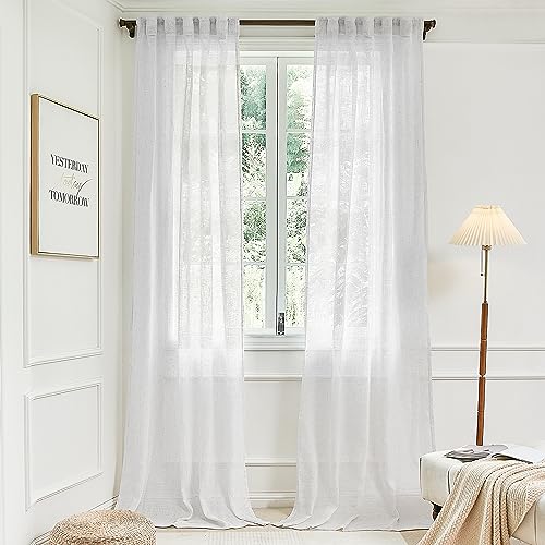 Greyish White Linen Sheer Curtains 84 Inch Length for Living Room 2 Panels Back Tab Loop Pocket Textured Light Filtering Semi Sheer Lightweight Curtain for Bedroom Boho Rustic Farmhouse 42x84 Inch