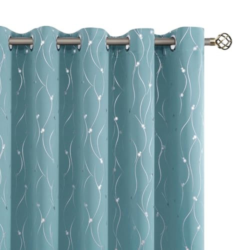 BGment Blackout Curtains 60 Inches Wide for Bedroom/Living Room, Room Darkening Thermal Insulated Grommet Window Drapes with Line and Dots Pattern, 2 Panels, Each Panels 60 x 63 Inch, Aqua