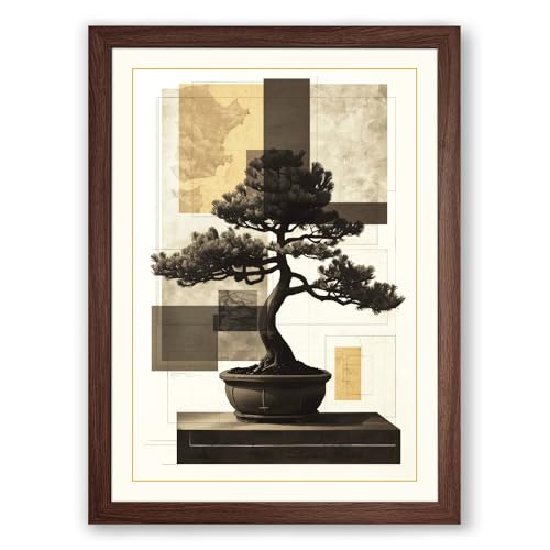 Bonsai in Geometry Japandi Framed Wall Art Print A4 (29.7×21cm) Walnut, Wall Decor for Living Room, Bedroom, Office & Home, Ready to Hang, Art Gift