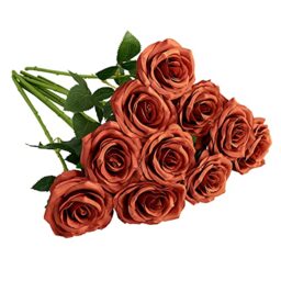 IUKnot Artificial Rose 10pcs Open Flower Bouquet Faux Rose Stems for Wedding Arrangement, Bridal Bouquet, Centerpiece, Fake Faux Silk Flowers (Burnt Orange)