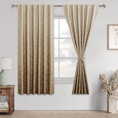 DWCN Damask Patterned Curtains 63 inches Length - Back Tab/Rod Pocket Room Darkening Window Drapes with Tiebacks Thermal Insulted Ombre Blackout Curtains for Bedroom, 2 Panels, W52 x L 63, Brown