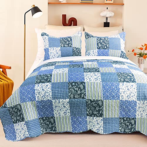 "Cmfshape Summer Floral King Quilted Bedspread,Romantic Pink Quilt Set,Reversible Stitched Bedding Cover All Season,Soft Lightweight Coverlet with Pillow Cases (Blue&White, King(102""x90""))"