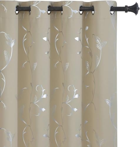 BUHUA Blackout Curtains Silver Foil Print Flower Vine Grommet Drapes, Room Darkening Thermal Insulated Curtains, Noise Reducing Curtain for Bedroom, Beige, 52Wx108L, 2 Panels