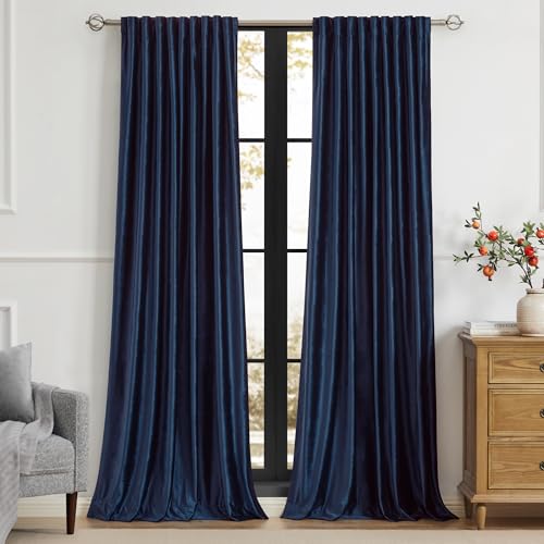 PRIMROSE Navy Blue Velvet Curtains 120 inch Long for Living Room,Set of 2 Panels Blackout Rod Pocket Back Tab Window Treatment Room Darkening Heavy Decorative Curtains Drapes for Bedroom
