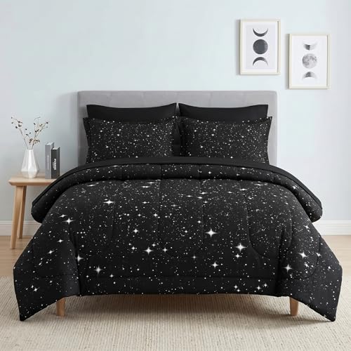 Pamnest Comforter Set Twin Size, Space Starry Deep 5 Pcs Bedding Set for Kids and Adults, Star Sky Black Bed Sheet Sets with Fitted Sheet Pillowcases & Shams for Bedroom Bed Decor