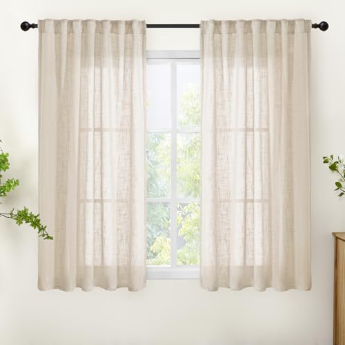 YoungsTex Farmhouse Linen Kitchen Curtains 45 Inch Length - Short Light Filtering Drapes Semi Sheer with Rod Pocket Back Tab Privacy for Living Room Windows, Oatmeal, 2 Panels, 42 X 45 Inch