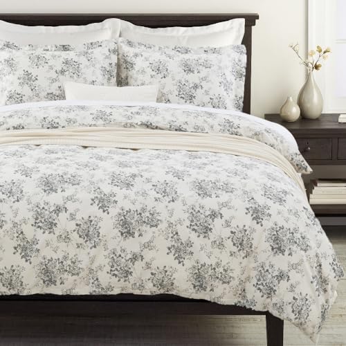 "DAUAOTO California King 104""X96"" Duvet Cover Set, 100% Cotton Print Bedding Cal King Bed, Toile Rose Floral Pattern, Gray"