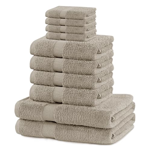 DecoKing Set of 10 Cotton Quality 525 g/m² 4 Guest Towels 30 x 50 cm 4 Hand Towels 50 x 100 cm and 2 Bath Towels 70 x 140 cm Beige Absorbent Marina