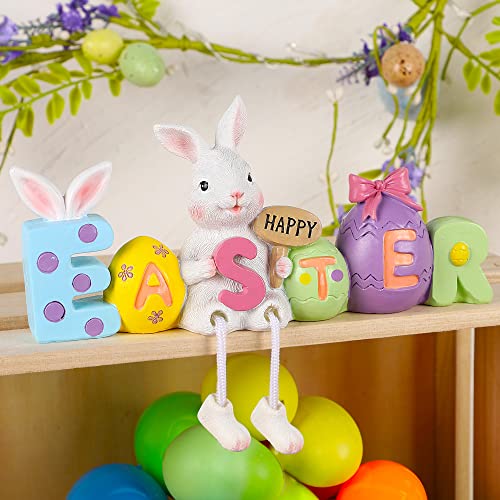 "Lulu Home Easter Tabletop Ornament, 8.3"" L x 5.9"" H x 2"" W Resin Bunny Shelf Sitter with Dangling Legs, Adorable Happy Easter Rabbit Statue with Easter Eggs for Spring Indoor Decorations"