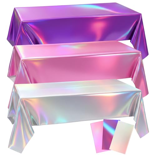 Oudain 3 Pcs Party Tablecloth 54 x 108 inch Party Decoration Plastic Rectangle Table Cloth Waterproof Table Cover for Birthday Decoration (Pink & Purple & Silver Iridescent)