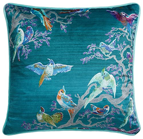 Laurence Llewelyn-Bowen Teal Velvet Scatter – 43x43cm Filled Decorative Pillow – Bird Print Design – Piped Edge – Soft Accent for Sofa or Bed – Birdity Absurdity Collection