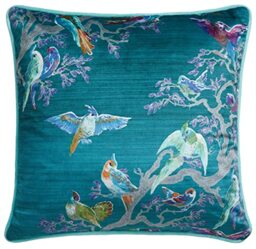 Laurence Llewelyn-Bowen Teal Velvet Scatter – 43x43cm Filled Decorative Pillow – Bird Print Design – Piped Edge – Soft Accent for Sofa or Bed – Birdity Absurdity Collection