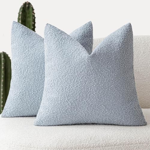 Foindtower Pack of 2 Modern Textured Boucle Throw Pillow Covers Accent Solid Decorative Pillow Cases Cozy Woven Couch Cushion Case for Chair Sofa Bed Living Room Home Decor, 22 x 22 Inch, Light Blue