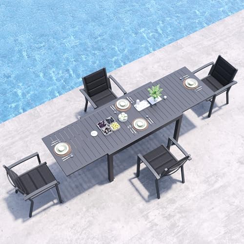 JUMMICO Garden Table and Chairs Set, Extendable Table + 4 Stackable Textilene Chairs, Aluminium Frame Space-Saving Outdoor Dining Set for Patio & Garden – Dark Grey