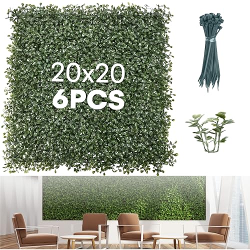 "flybold Grass Wall Panels Pack of 6 - Artificial Boxwood Panel & Greenery Backdrop for Indoor & Outdoor Decor - Durable High-Density Polyethylene, Easy Installation with Included Cable Ties - 20""x20"""