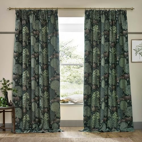Morris&Co. Brook Pencil Pleat Curtain Pair – Lined Jacquard Woodland Tapestry-Inspired Drapes (Forest Green - 168x183cm)