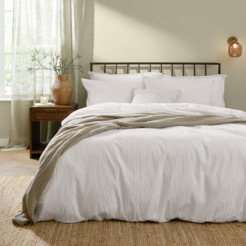 Yard furn Hebden Seersucker Duvet Cover Set – Soft Relaxed Cotton Textured Bedding (Chalk – Single)