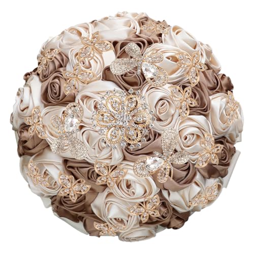 "Mhojpik Handmade Wedding Flowers Bouquet Round Holding Bridal Bouquet Toss Artificial Rose Bunch for Bride Bridesmaid Wedding Quinceanera (Camel Brown & Mocha, 9.8"")"