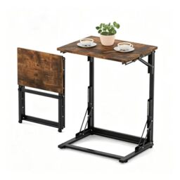 JADUFHU C-Shaped Side Table,Laptop Table, Bedside Table, Foldable Sofa Side Table,Sturdy Steel Frame Base Support,Easy to Assemble,Suitable for Living Room,Bedroom,Bathroom,Balcony (Rustic Brown)