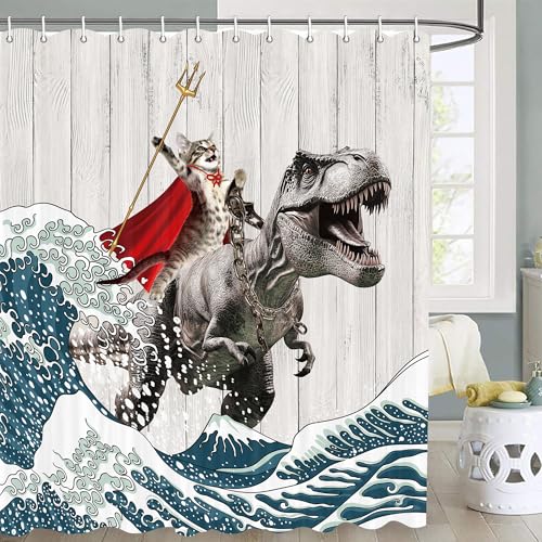 JAWO Funny Cat Shower Curtain Boys Kids Bathroom Decor, Cool Cat Riding Dinosaur On Ocean Shower Curtain, Fun Nautical Kids Shower Curtain Fabric with Hooks,Grey,70X84