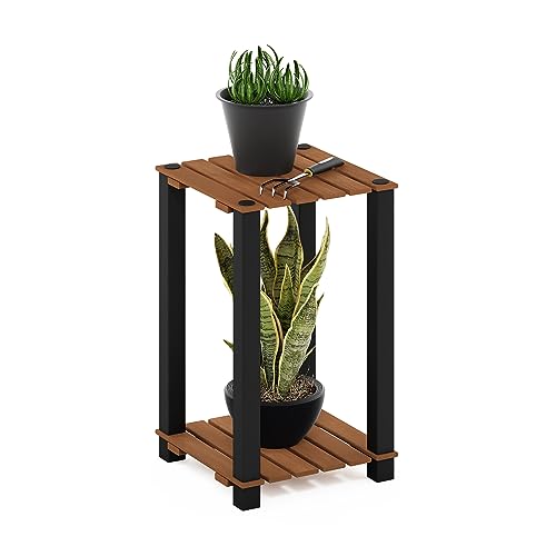 Furinno TURN-N-TUBE Plant Stand Indoor Outdoor, 2-Tier Plant Shelf, Side Table with Square Poles, for Patio, Garden, Living Room, Balcony, Natural