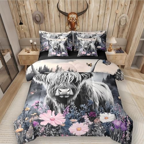 Highland Cow Comforter Set 7 Piece Bed in a Bag Twin,Longhorn Bull Cattle Flowers Bedding Sets Western Animals Comforter and Sheet Set,Mountain With Firforest Farmhouse Wildlife Room Decor