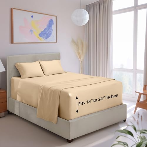 Hearth & Harbor Extra Deep Pocket 4-Piece Bed Sheets Set - Super Deep Fitted Sheet 18-24 inces Depth, Fits High Profile Mattresses with Toppers, Queen, Beige Cream