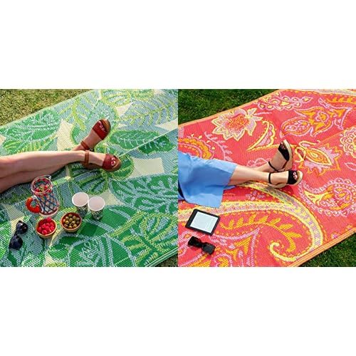 Talking Tables Tropical Palm Leaf Outdoor Rug & Paisley Print Reversible Outdoor Rug Bundle