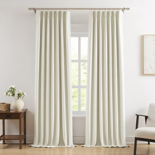 "WEST LAKE 9 FT Beige Pinch Pleated 90% Blackout Curtain Panels for Bedroom - Triple Weave Textured Heavy Chenille Room Darkening Drapes 108 Inches Long,Modern Window Treatment,40""Wx108""Lx2"
