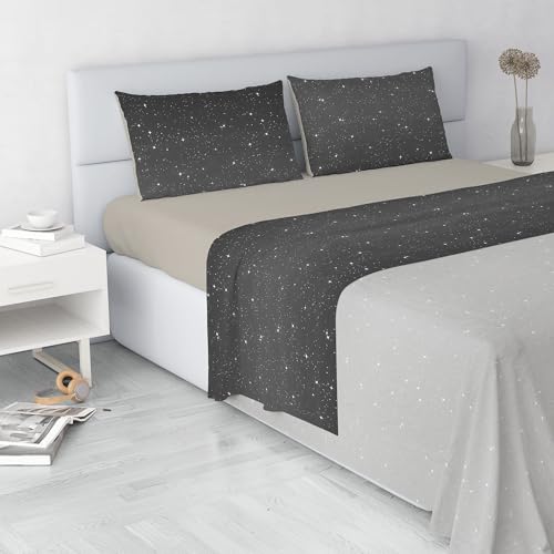 Fashion Bed Sheet Set, Made in Italy, Soft Microfibre Bed Set, Fitted Sheet, Top Sheet 240 x 270 cm and Pillowcase with Inner Flap, Double, Grey Stars