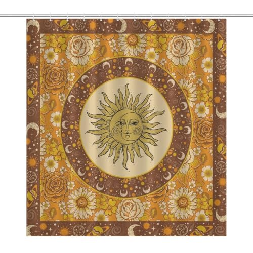 Sun Moon Shower Curtain Vintage Mandala Celestial Planet Floral Boho Hippie Art Print Bath Curtains Cloth Fabric Polyester Bathroom with Hooks 66x72Inch(168x183cm)