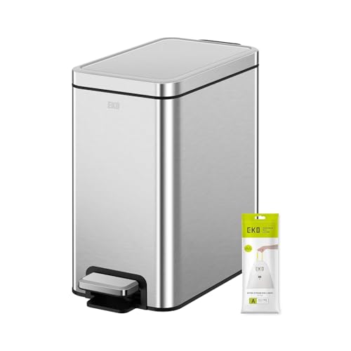 EKO Bathroom Pedal Bin with Lid, Soft Close, Stainless Steel, 6L - Stainless Steel, Removable Inner Bucket, Fingerprint Resistant, Odour Control, Ideal for Home Kitchen, Bathroom & Bedroom Use