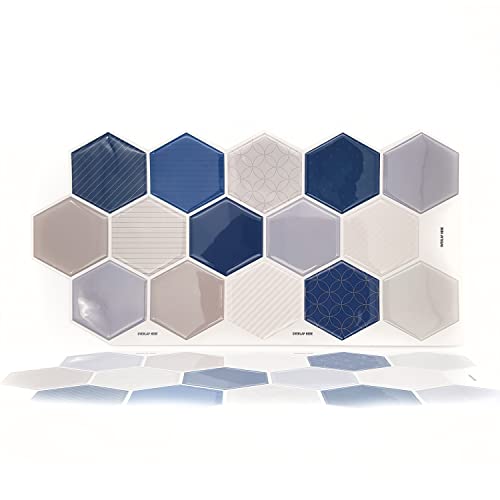 WALPLUS 60 Sheets Honey Hexa Blue and Cream Glossy 3D Hexagonal Tile Stickers 30x15cm Wall Splashbacks Vinyl Stick on Tiles Backsplash Peel and Stick Bathroom Kitchen Decor Tile Paint WT3D3026X5..