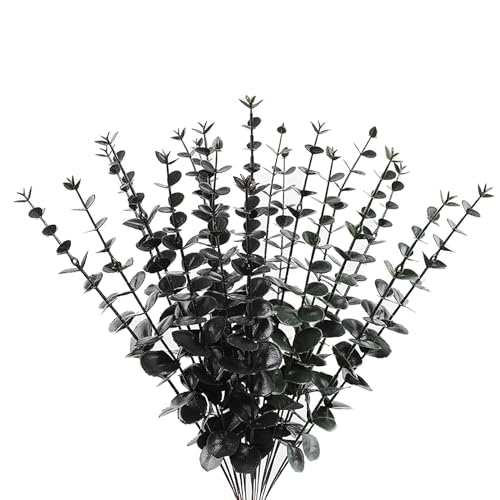 ABAJI Plastic Eucalyptus Black Stems 12 Fake Faux Decorations Artificial Leaves Greenery Plant Leaf Home Office House Table Desk Decor Wedding Party Vase Forever Live