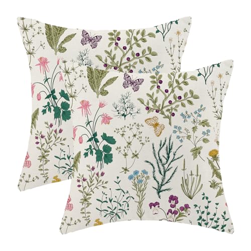 AEIOAE Spring Pillow Covers 20x20 Inch Set of 2,Sage Green Teal Wild Flower Plant Throw Pillows Case,Seasonal Floral Outdoor Decorative Linen Farmhouse Decor Cushion Covers for Home Sofa Bed Couch