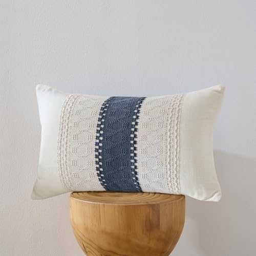 Mayler Yee Throw Pillow Covers Set of 2 for Boho Living Room, Soft Cotton & Linen, Macrame Lumbar Pillow Cases for Sofa Bed Couch, Farmhouse Style Home Decor (Beige & Blue, 12x20 Inch)