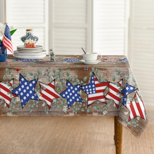 Horaldaily 4th of July Tablecloth 60??140 Inch Rectangular, Wood Color Patriotic Eucalyptus Star Independence Day Memorial Day Table Cover for Party Dinner Patio Garden Picnic