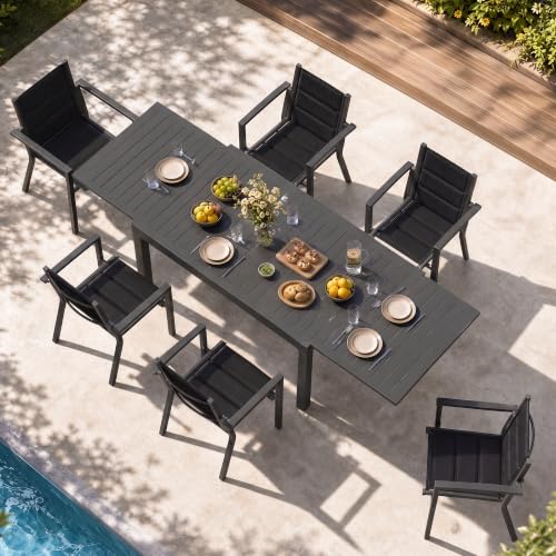 JUMMICO Garden Table and Chairs Set, Extendable Table + 6 Stackable Textilene Chairs, Aluminium Frame Space-Saving Outdoor Dining Set for Patio & Garden – Dark Grey
