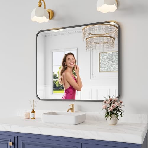 Koonmi Bathroom Mirror, 30X36 Inch Black Metal Framed Mirror for Bathroom, Tempered Glass, Anti-Rust, Rounded Rectangle Mirror for Restroom, Bedroom, Black